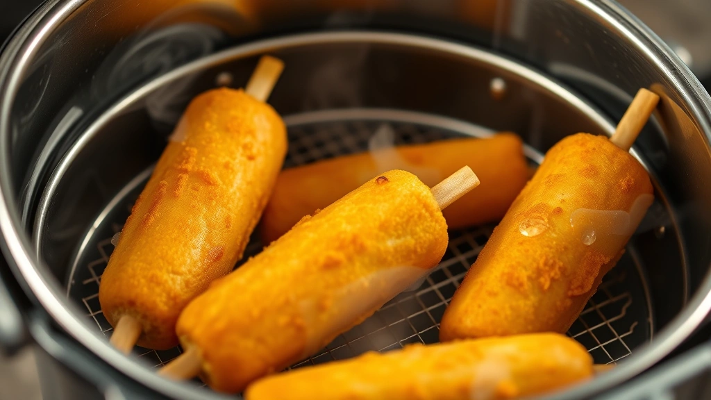 Golden-brown corn dogs in stainless steel air fryer basket with visible steam rising, crispy coating glistening under kitchen lighting