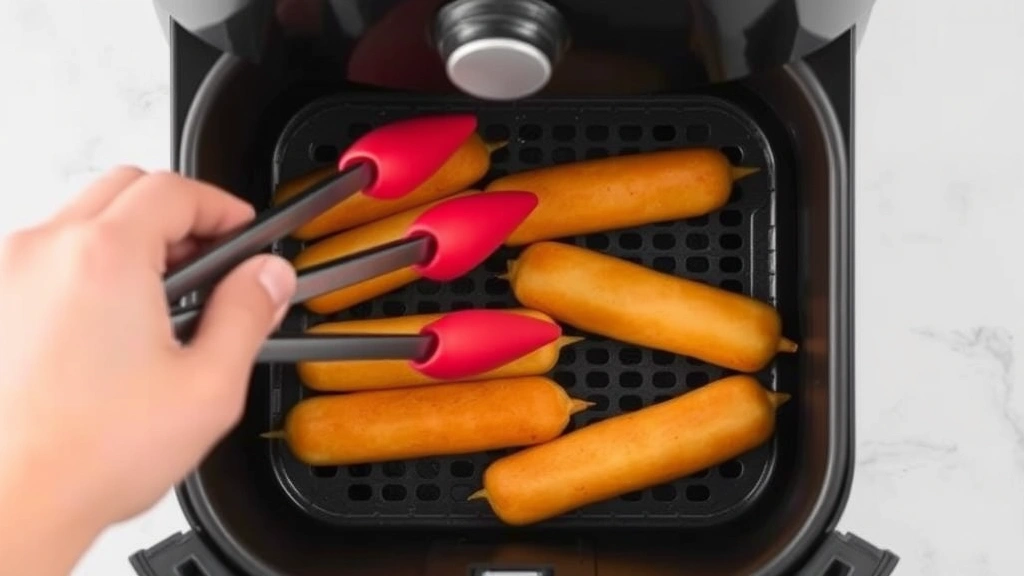 Hand using silicone tongs to shake basket of partially-cooked corn dogs inside air fryer cavity, mid-cooking process