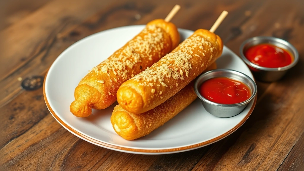 Plate of perfectly golden air-fried corn dogs with small bowls of mustard and ketchup condiments beside them, appetizing presentation