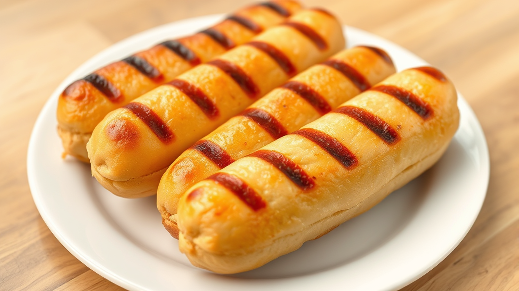 Golden brown air fried hot dogs with grill marks on white plate, no text no words no letters
