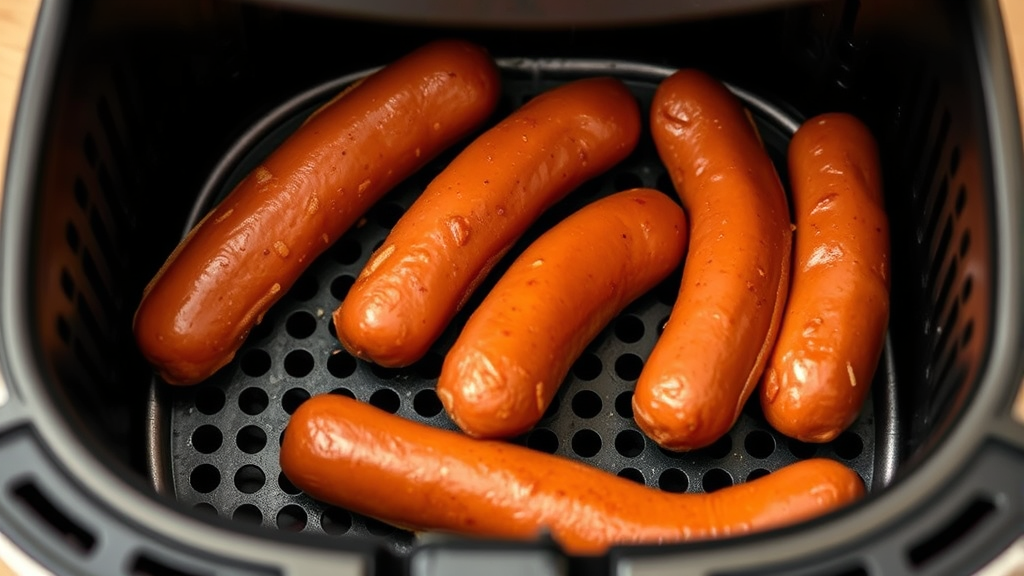 Air fryer basket with hot dogs cooking inside showing crispy exterior, no text no words no letters