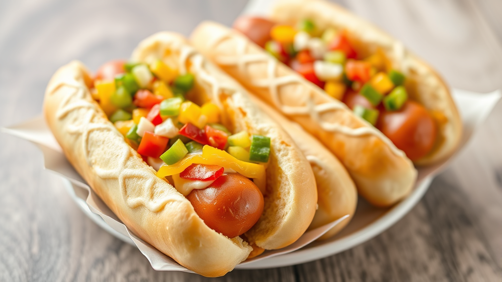 Perfectly cooked hot dogs in buns with colorful toppings and condiments, no text no words no letters