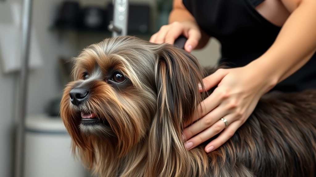 Groomer brushing long-haired dog's coat with gentle strokes, professional setting, dog appears calm and content, showing proper grooming technique