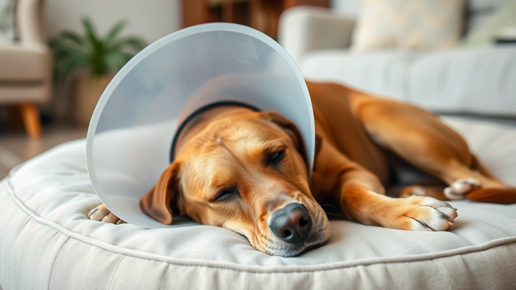 Labrador wearing protective cone collar after wound treatment, resting peacefully on a soft dog bed in a comfortable home setting