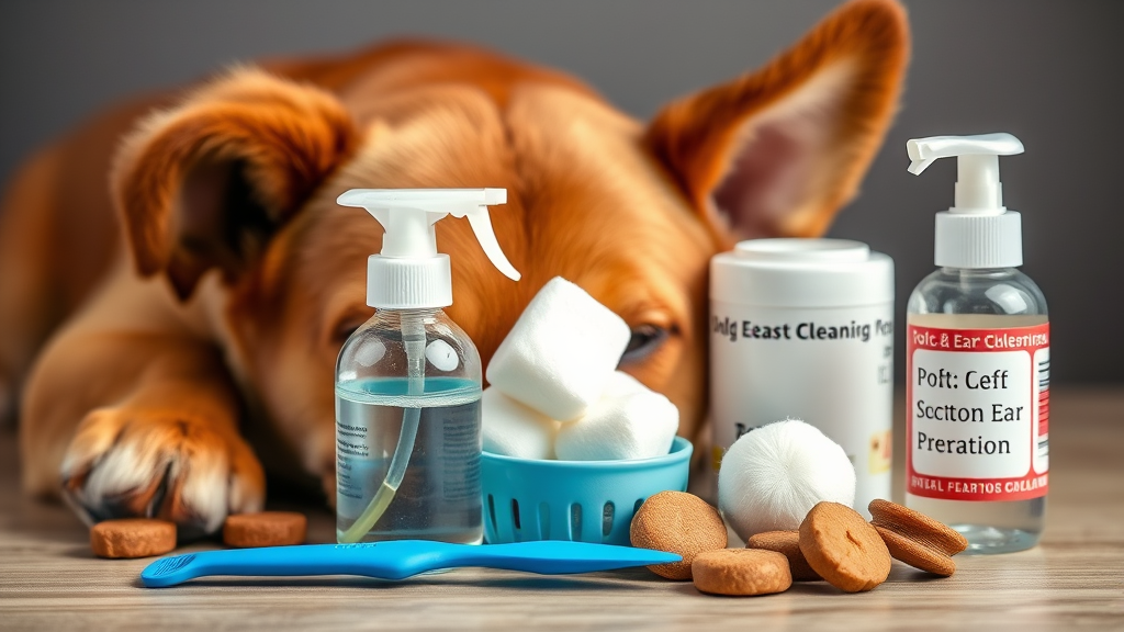 Dog ear cleaning supplies including cotton balls solution and treats arranged neatly, no text no words no letters