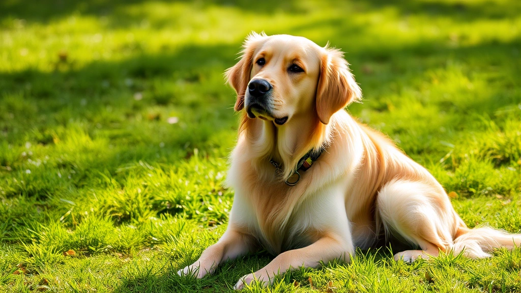 Golden retriever sitting outdoors on green grass during daytime, looking peaceful and healthy
