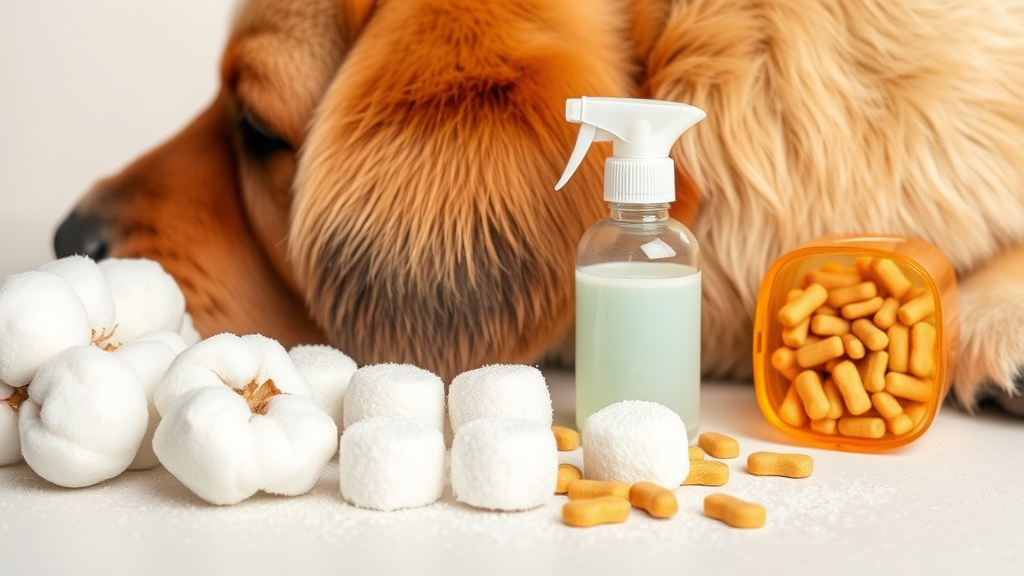 Dog ear cleaning supplies cotton balls solution treats on clean surface no text no words no letters