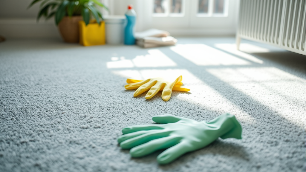 Clean carpet with cleaning supplies and protective gloves nearby, bright natural lighting, no text no words no letters