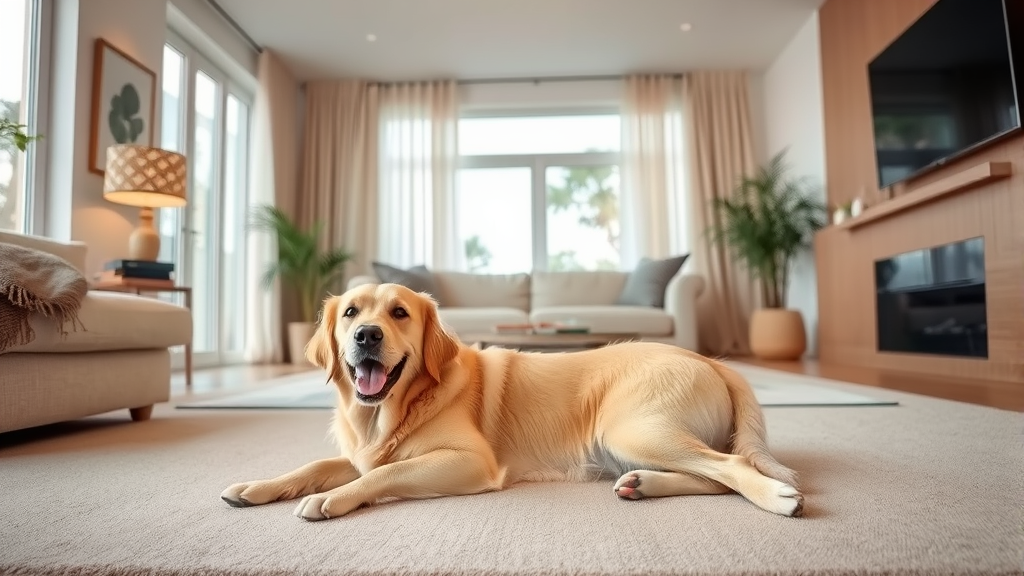 Clean modern living room with beige carpet and happy golden retriever lying peacefully no text no words no letters