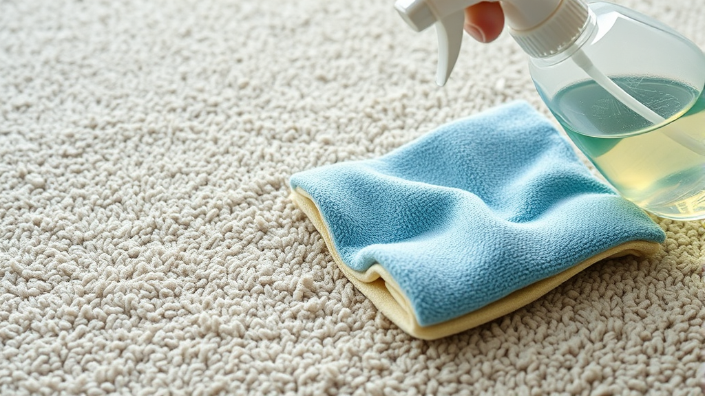 Close up of carpet cleaning process with spray bottle and cloth, detailed texture, no text no words no letters