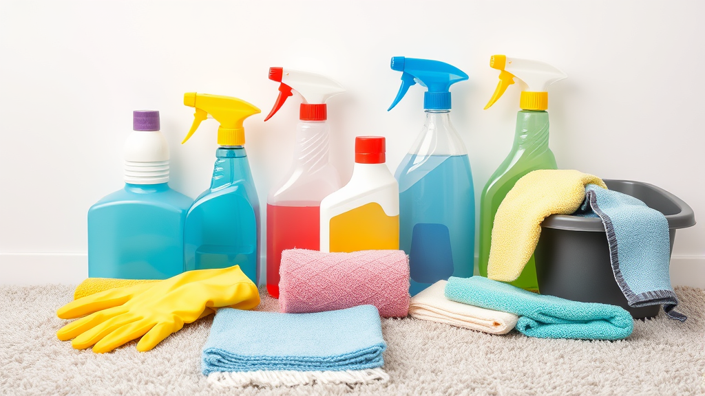 Professional carpet cleaning supplies arranged neatly including spray bottles rubber gloves and cleaning cloths no text no words no letters