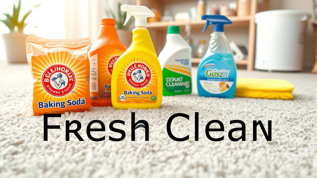 Fresh clean carpet section next to cleaning products and baking soda, household setting, no text no words no letters