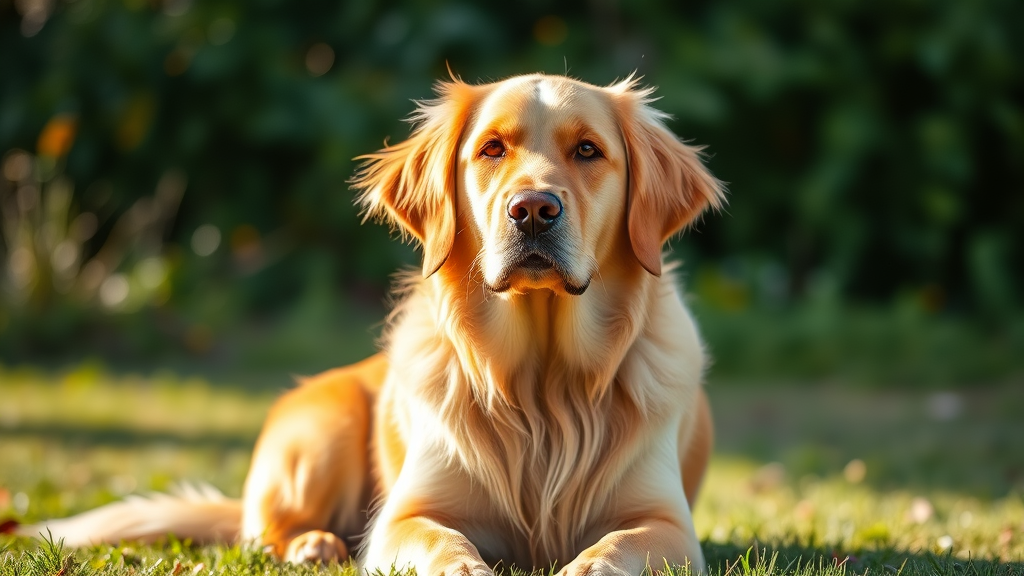 Golden retriever with clean healthy ears sitting peacefully in bright natural lighting no text no words no letters
