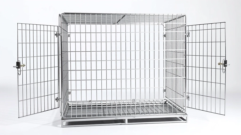 Metal wire dog crate with all sides fully extended and latches visible, professional product photography style, bright lighting, clean background