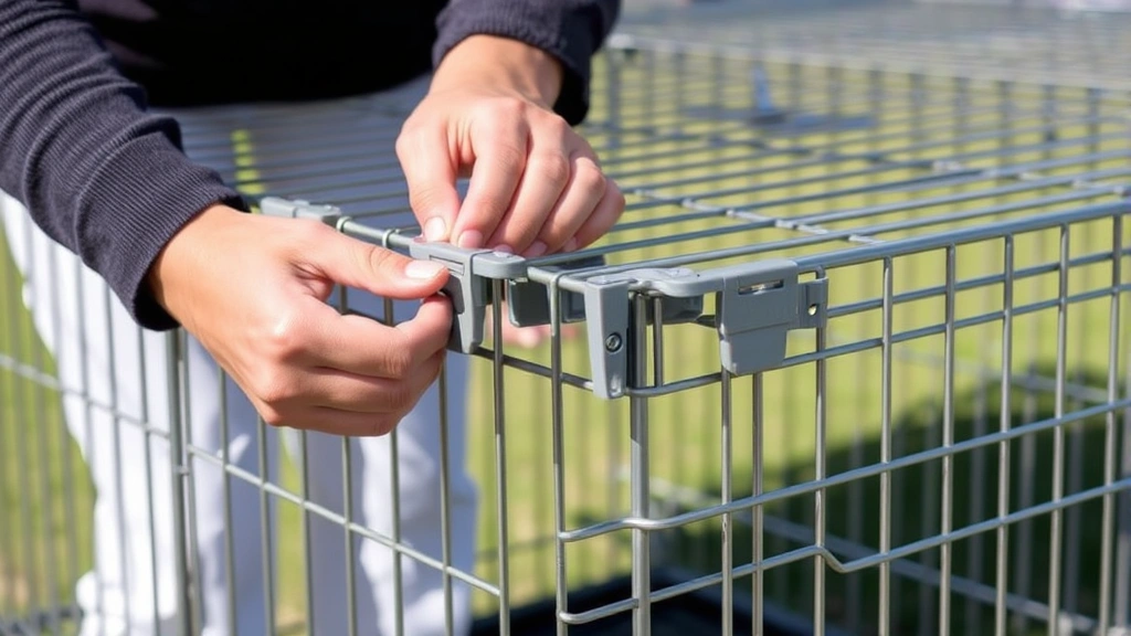Person's hands releasing plastic latches on sides of metal dog crate, demonstrating the collapse mechanism, close-up detail shot, natural daylight