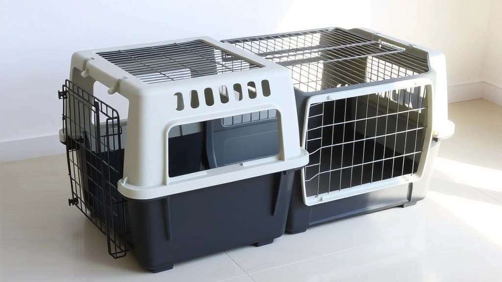 A plastic airline dog crate separated into top and bottom sections, displayed on a clean surface showing both pieces clearly