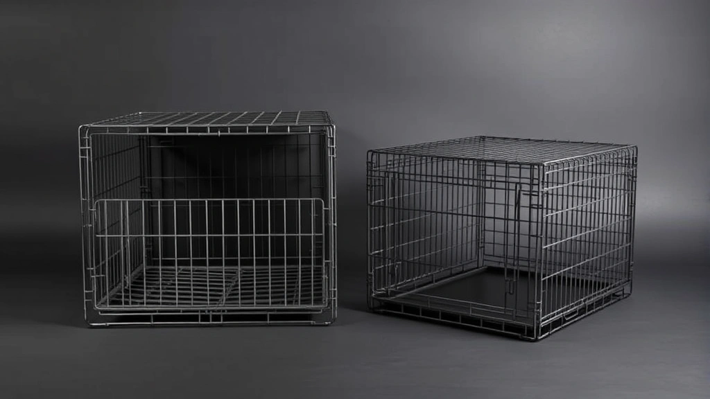Collapsed metal dog crate folded flat and compact next to expanded version side-by-side comparison, showing size difference, studio lighting