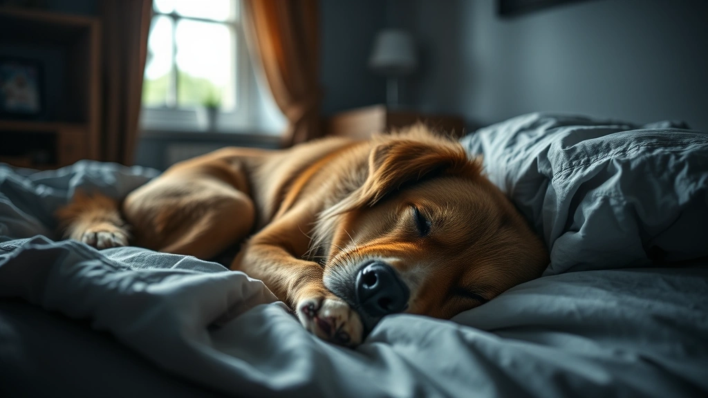 Feverish dog lying peacefully in quiet, dimly lit room with soft bedding and cool environment, recovery setup