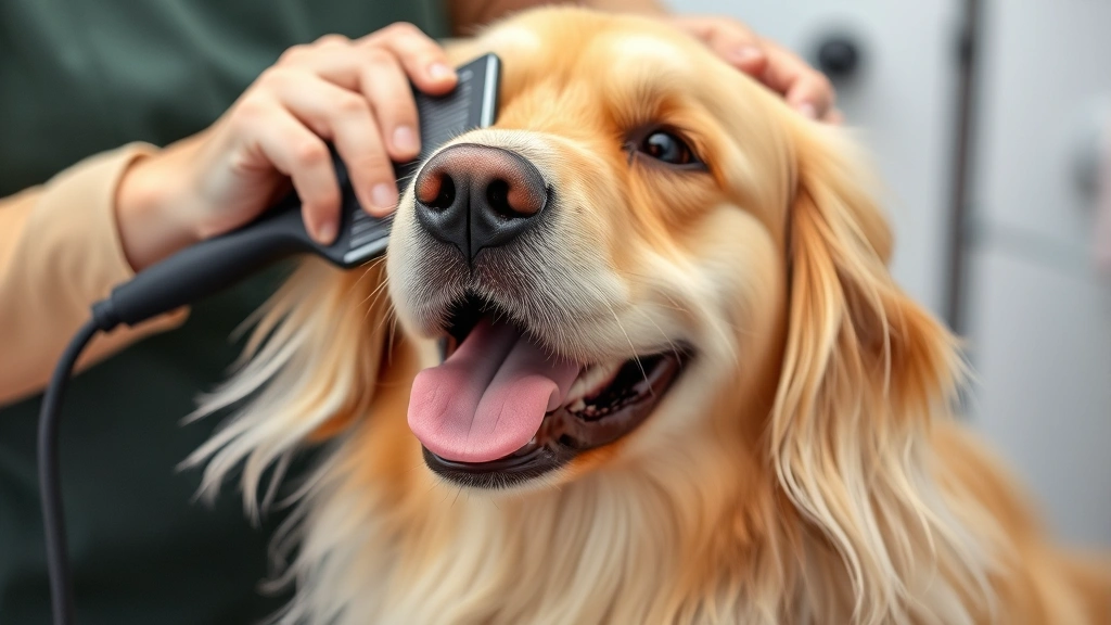 Golden Retriever being groomed with a slicker brush, professional grooming setting, loose fur visible, happy dog expression