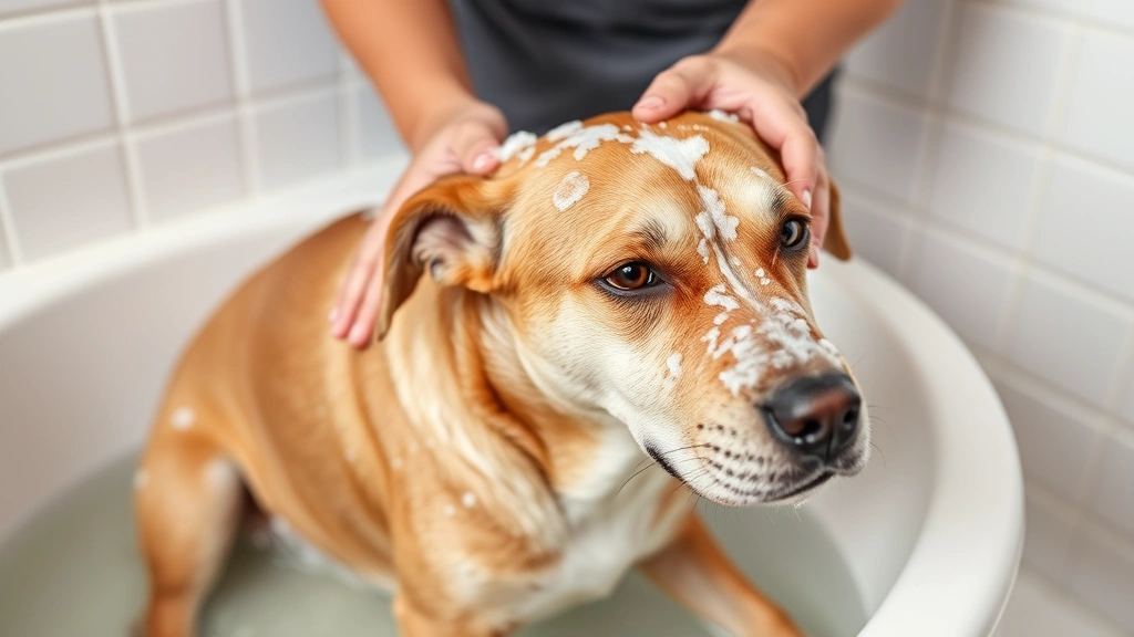 Dog receiving a bath with warm water, gentle hands massaging shampoo into coat, relaxed dog, bathroom setting with white tiles