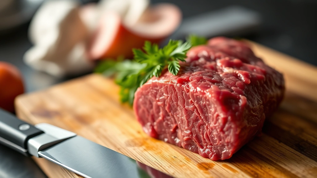 Close-up of fresh raw beef liver on a wooden cutting board with a sharp knife nearby, vibrant deep red color, professional kitchen setting, natural lighting