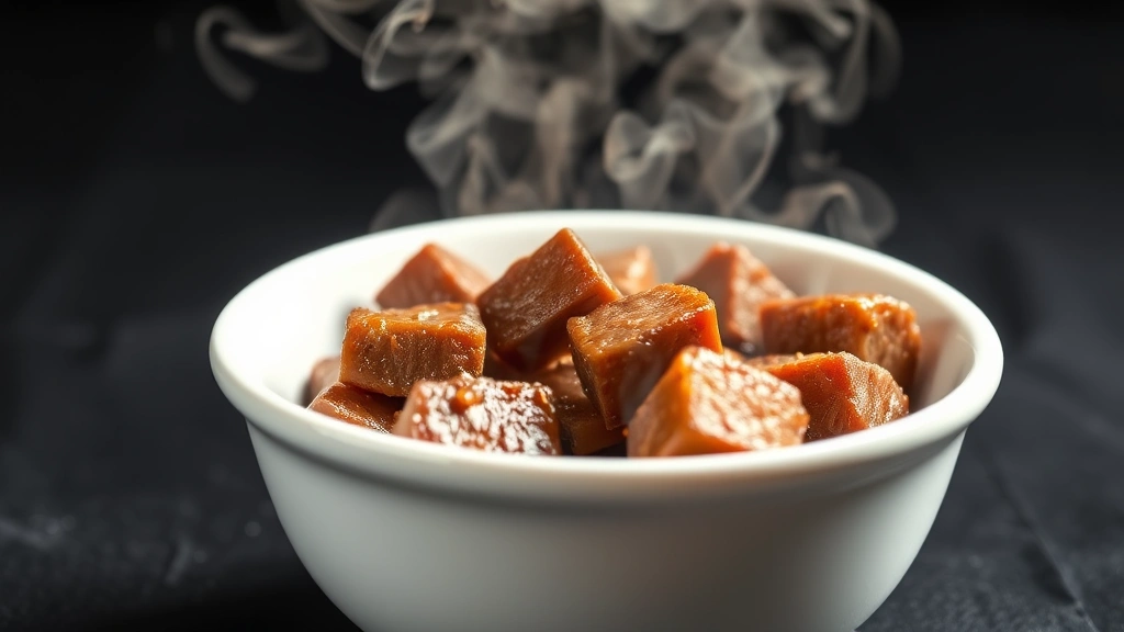 Golden-brown cooked beef liver pieces in a white ceramic bowl, steam rising, appetizing presentation, shallow depth of field, bright studio lighting