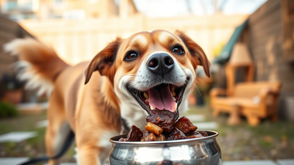 Happy medium-sized dog eating cooked beef liver from a stainless steel bowl, wagging tail, joyful expression, outdoor backyard setting, natural sunlight, warm tones