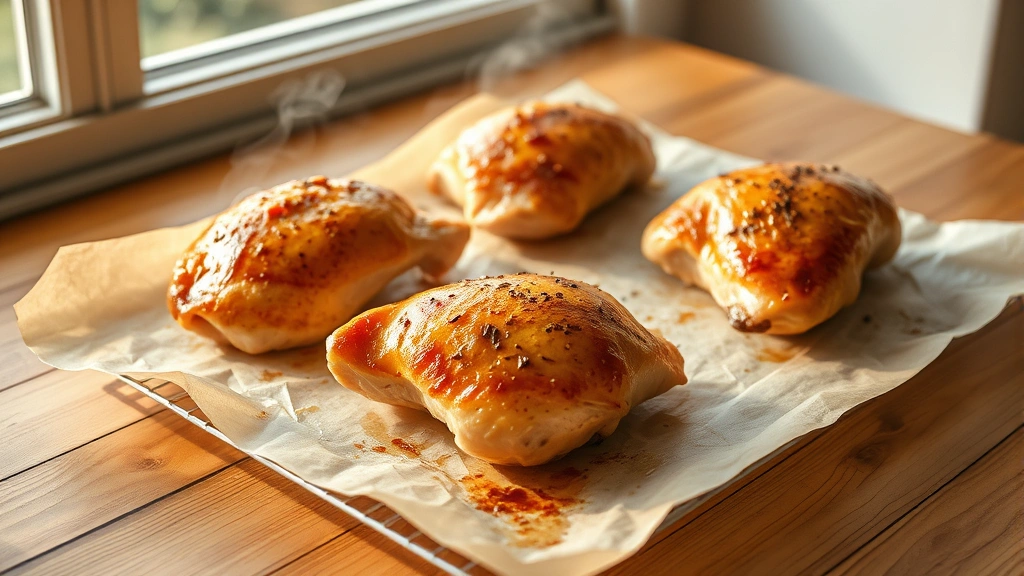 Golden-brown baked chicken breasts on parchment paper cooling on a wooden surface, with steam rising gently, warm natural light from window