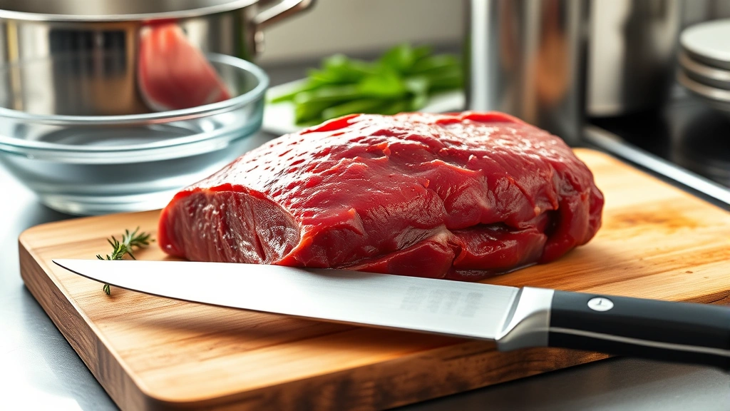 Fresh raw liver on a cutting board with a sharp knife, glass bowl of water nearby, stainless steel pot in background, bright kitchen counter lighting, professional food photography style