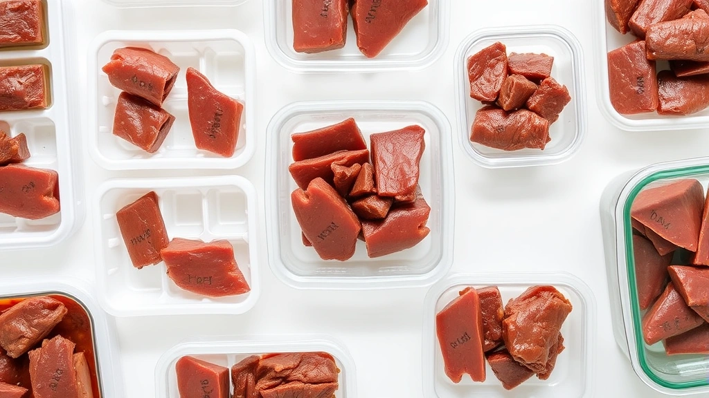 Multiple portions of cooked liver arranged in ice cube trays and freezer storage containers, labeled with dates, clean white background, overhead shot showing organization and meal prep efficiency