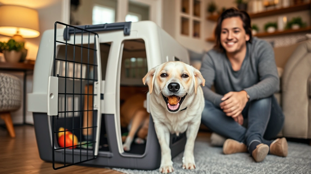 Senior dog voluntarily entering plastic crate with treat in mouth, owner sitting nearby smiling, cozy living room setting with soft lighting