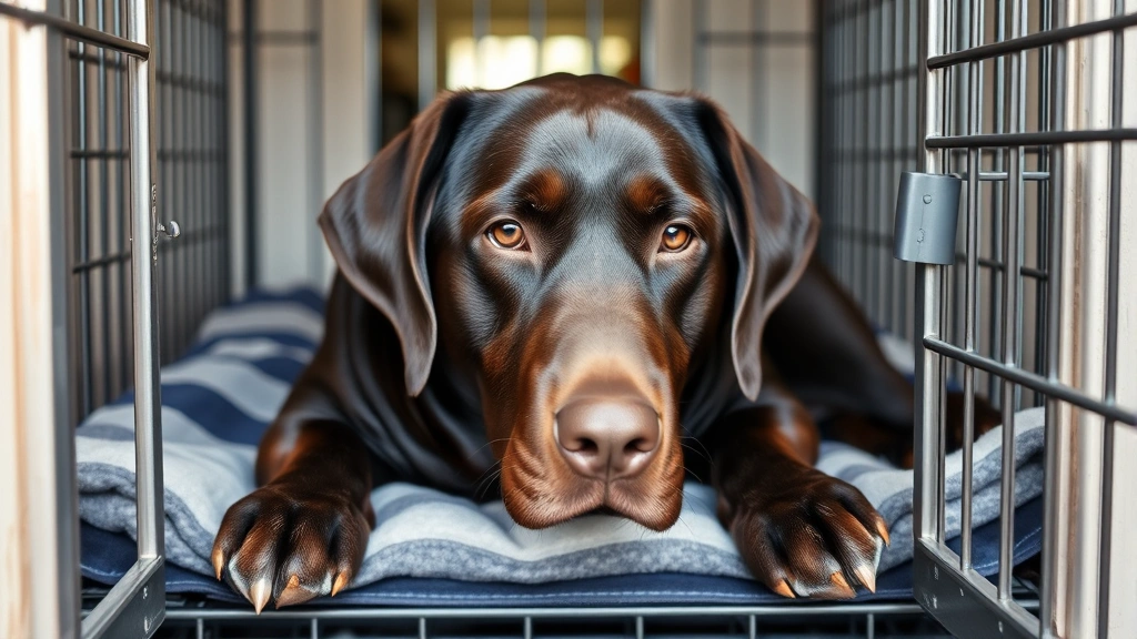 Adult chocolate Labrador lying calmly on blanket inside crate with door closed, relaxed expression, comfortable home environment visible through crate