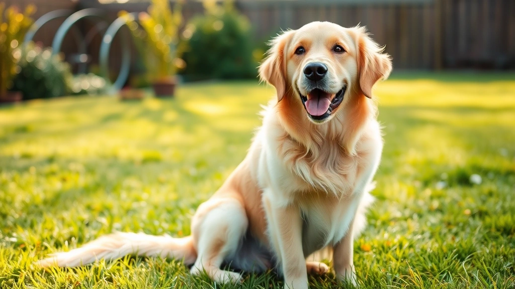Golden retriever sitting in a grassy yard during daytime, alert and healthy expression, natural outdoor lighting