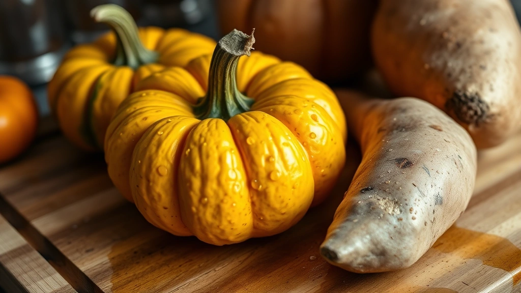 Close-up of fresh pumpkin and sweet potato on a wooden cutting board with water droplets, rustic kitchen setting
