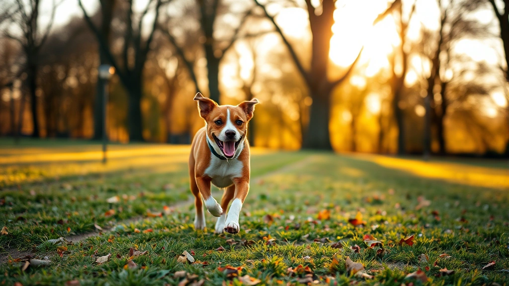 Happy brown and white dog running through a park during golden hour, mid-stride with joyful posture, trees in soft focus background