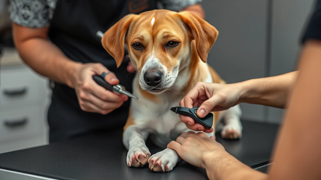 Dog sitting calmly on grooming table while owner carefully trims dark nails with professional clippers, focused and concentrated expression