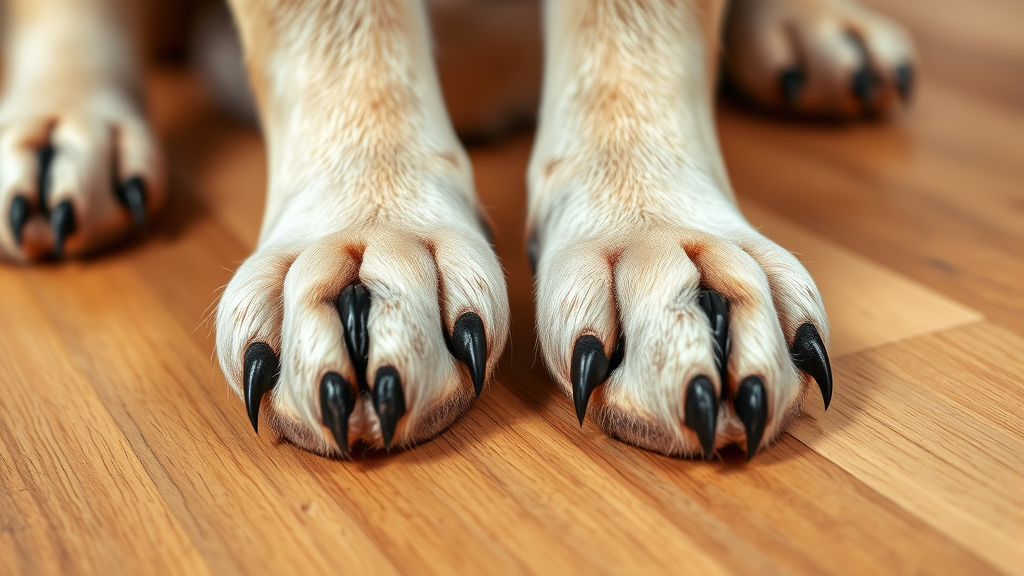Close-up of dog paws with black toenails on wooden surface, professional grooming setup, no text no words no letters