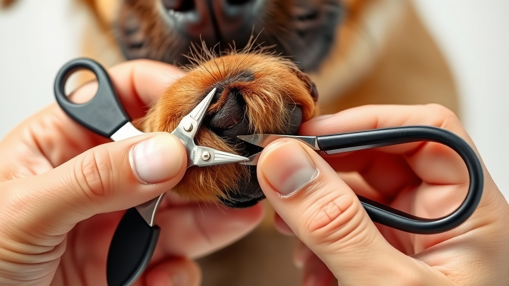Hands holding dog paw with nail clippers positioned near black toenail, bright lighting, no text no words no letters