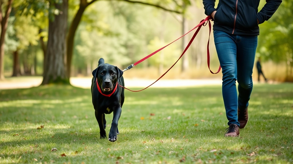 Black Labrador walking calmly on loose leash next to owner, trees and grass background, peaceful training moment captured mid-stride