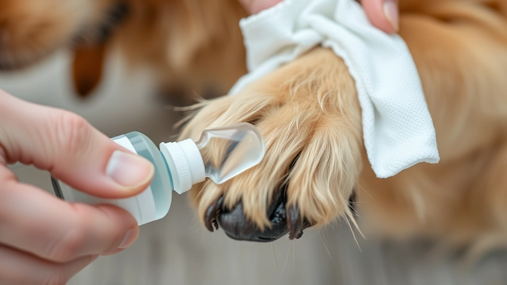 Close-up of a golden retriever's paw pad being gently cleaned with saline solution and sterile gauze by caring hands, soft natural lighting