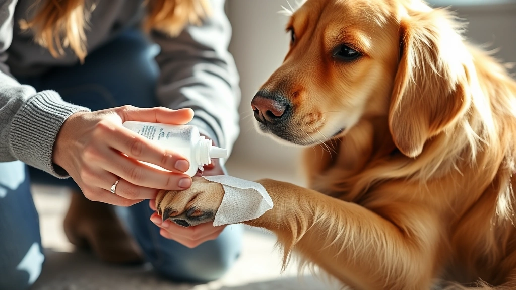 A golden retriever sitting calmly while owner gently applies disinfectant solution to a small cut on its front paw with gauze, bright natural lighting, close-up detail of the wound care process