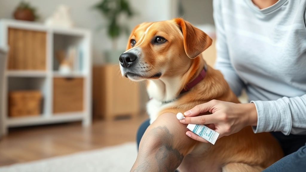 Dog sitting calmly while owner applies antibiotic ointment to a minor scrape on its leg using a cotton swab, gentle home setting