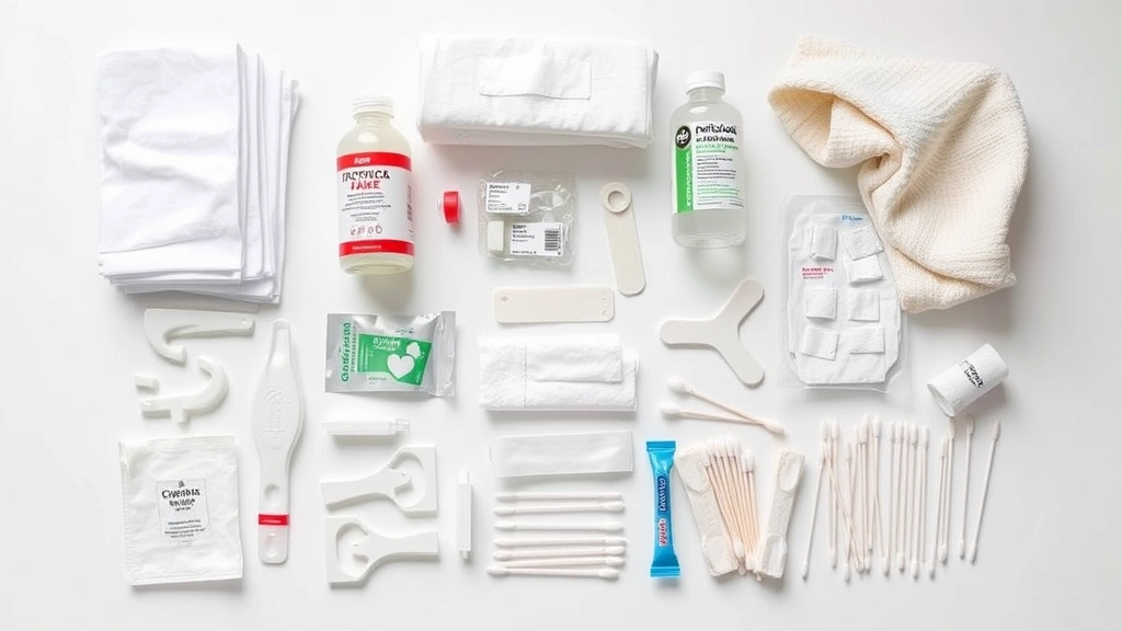 Overhead view of organized pet first aid supplies on white surface: sterile gauze pads, antiseptic bottles, clean towels, bandages, and cotton swabs arranged neatly