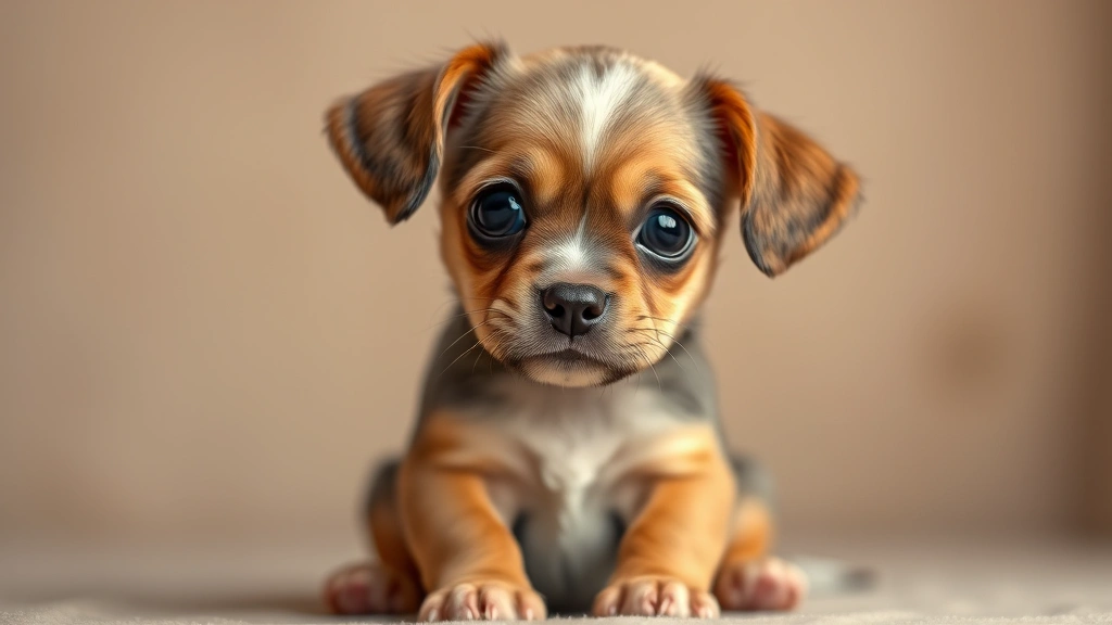 Adorable puppy with large sparkly eyes and floppy ears, sitting position, soft warm lighting, gentle expression, photorealistic style