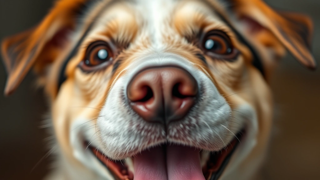 Close-up of cute dog face showing detailed facial features, bright highlights in eyes, happy smile, clear nose and mouth details, professional lighting