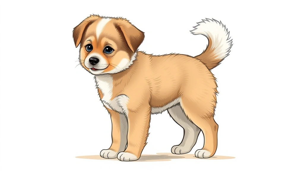 Full body cute puppy drawing reference, standing playful pose, fluffy fur texture, wagging tail, engaging expression, natural outdoor setting