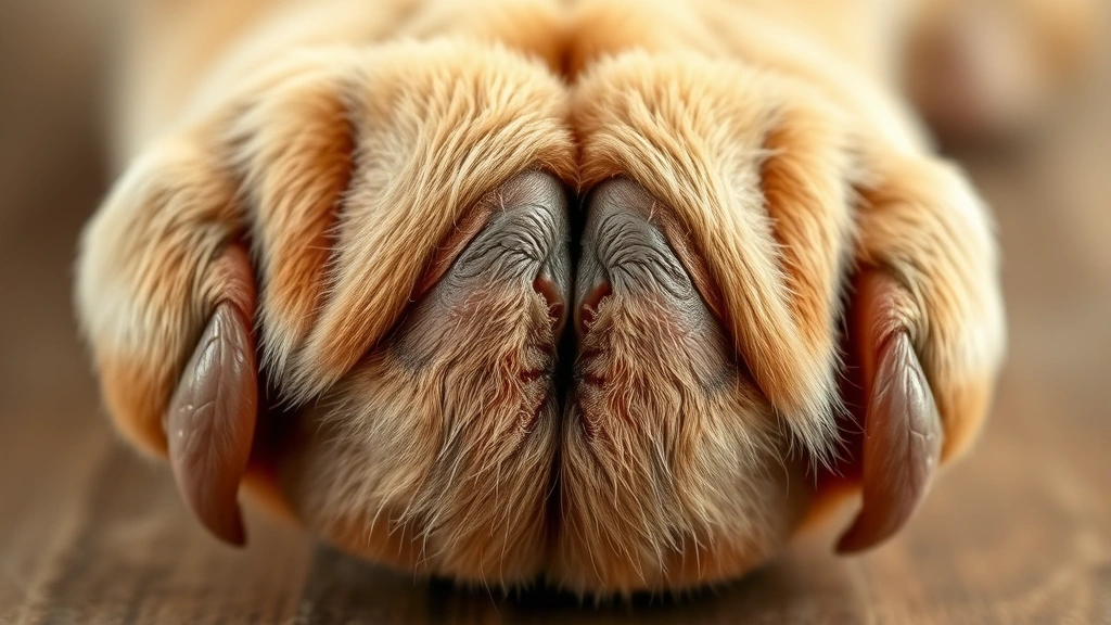Close-up photorealistic dog paw pad showing main pad and toe pads with toenails, soft lighting, natural texture detail