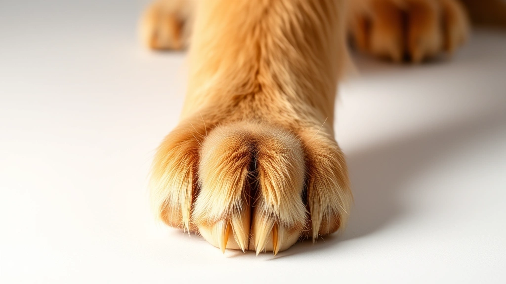 Golden retriever front paw pressed gently on white surface showing all toe pads and main pad clearly, studio lighting