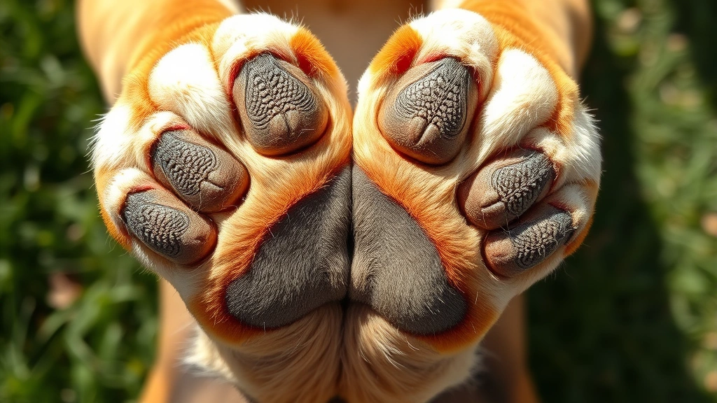 Overhead view of a dog's back paw with all four toe pads clearly visible, photorealistic style, natural sunlight highlighting pad texture and fur