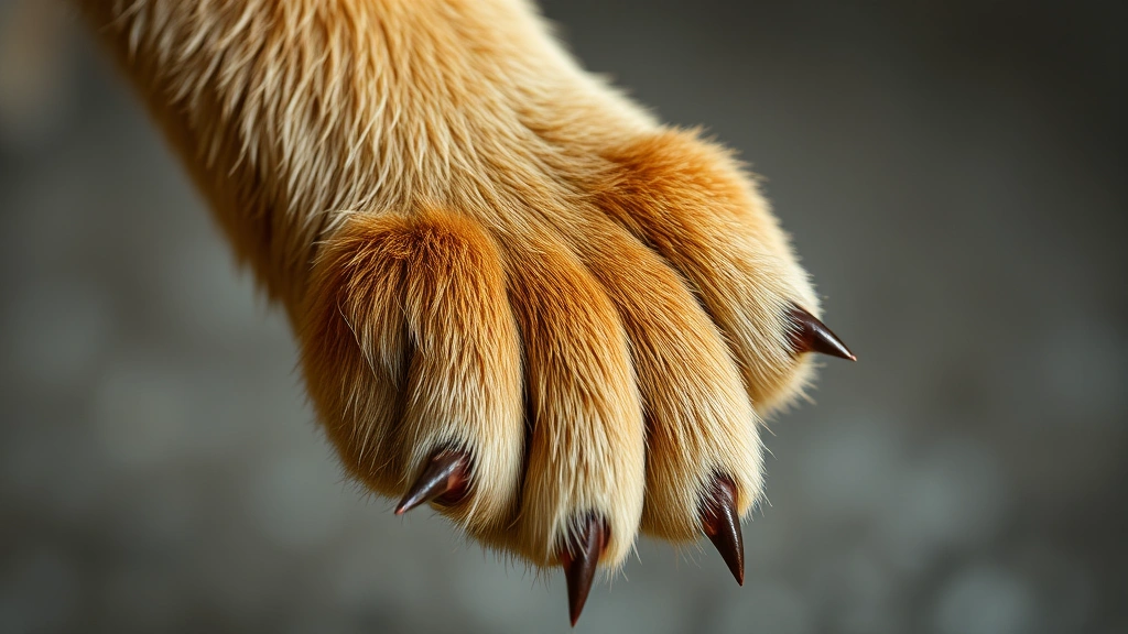 Detailed side view of dog paw with fur surrounding pads, showing dewclaw and natural positioning, soft natural lighting